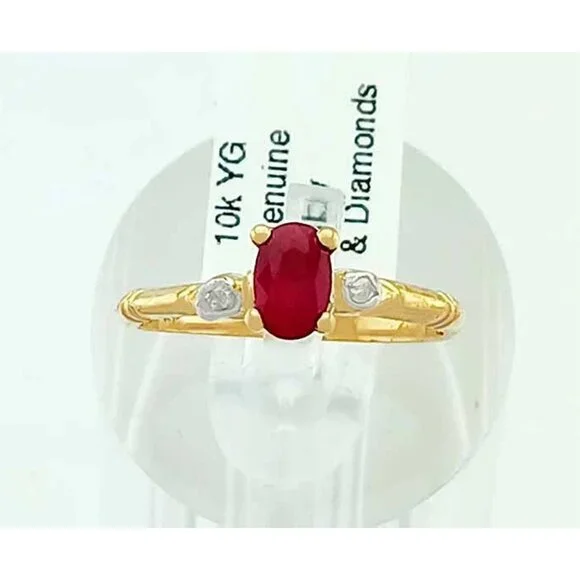 Genuine 0.69 Cts Ruby & Diamonds Ring 10k Yellow Gold